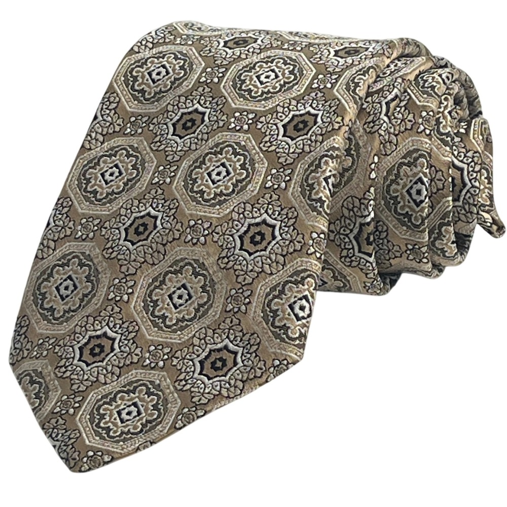 Saint Laurent Tie Brown Geometric Medallion Silk Necktie Classic‎ Designer